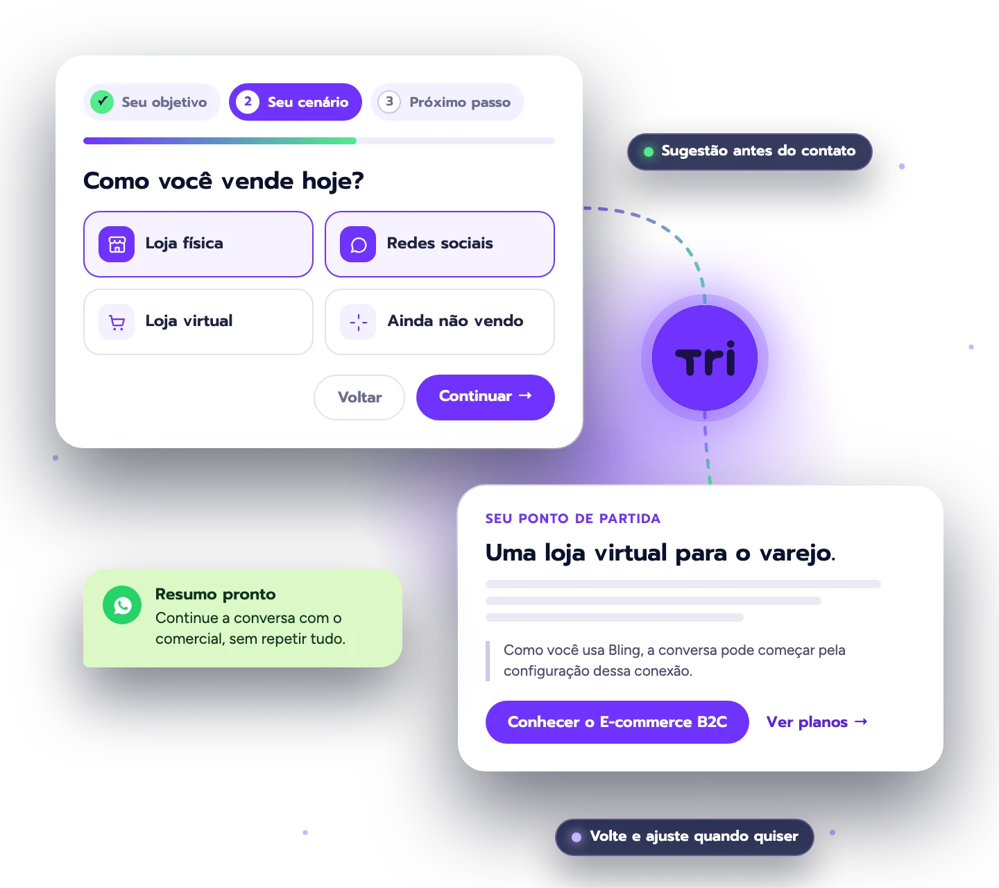 Ilustração: uma pergunta da orientação, a sugestão de ponto de partida e o resumo pronto para continuar no WhatsApp