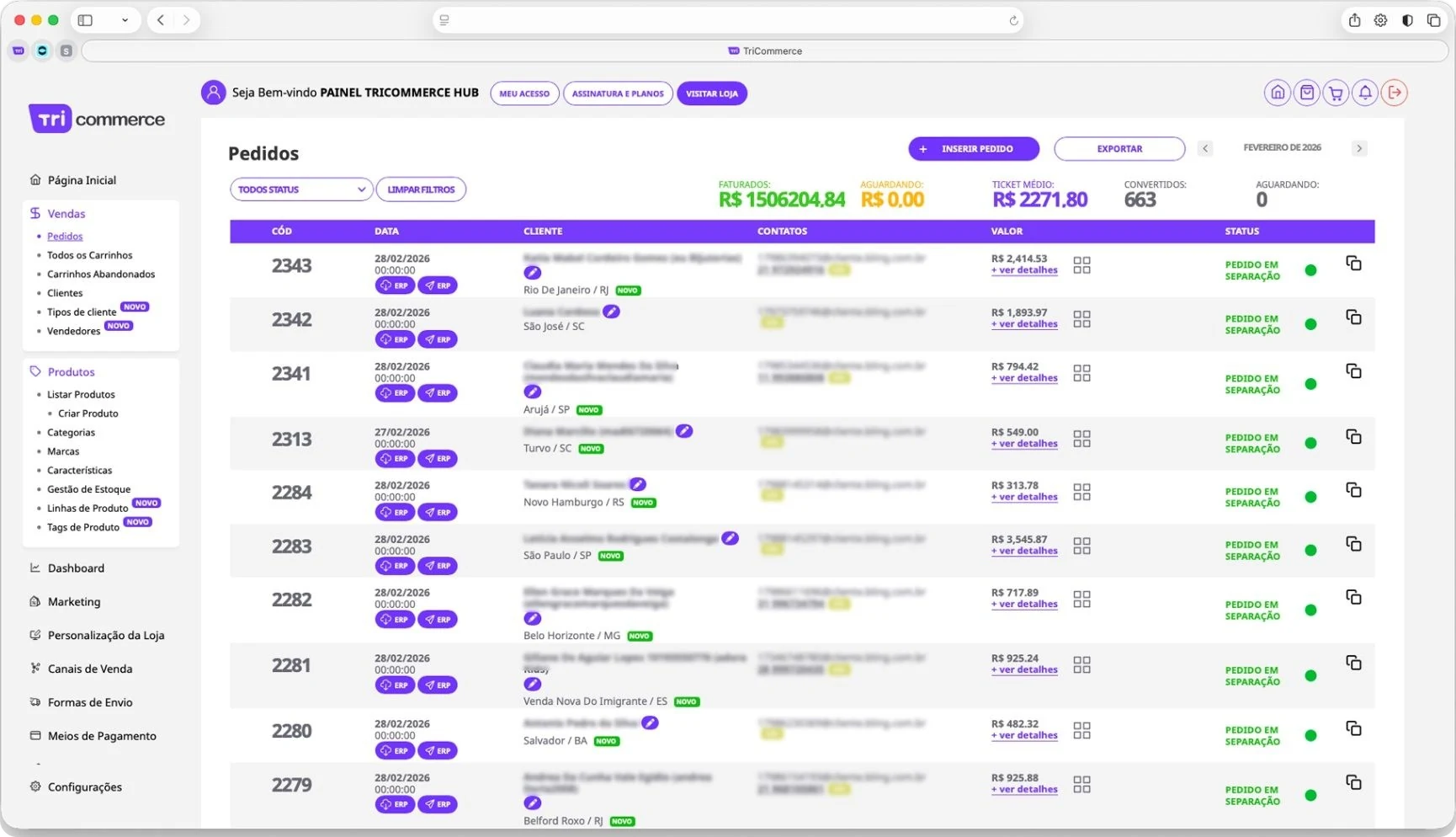 Lista de pedidos com envio ao ERP