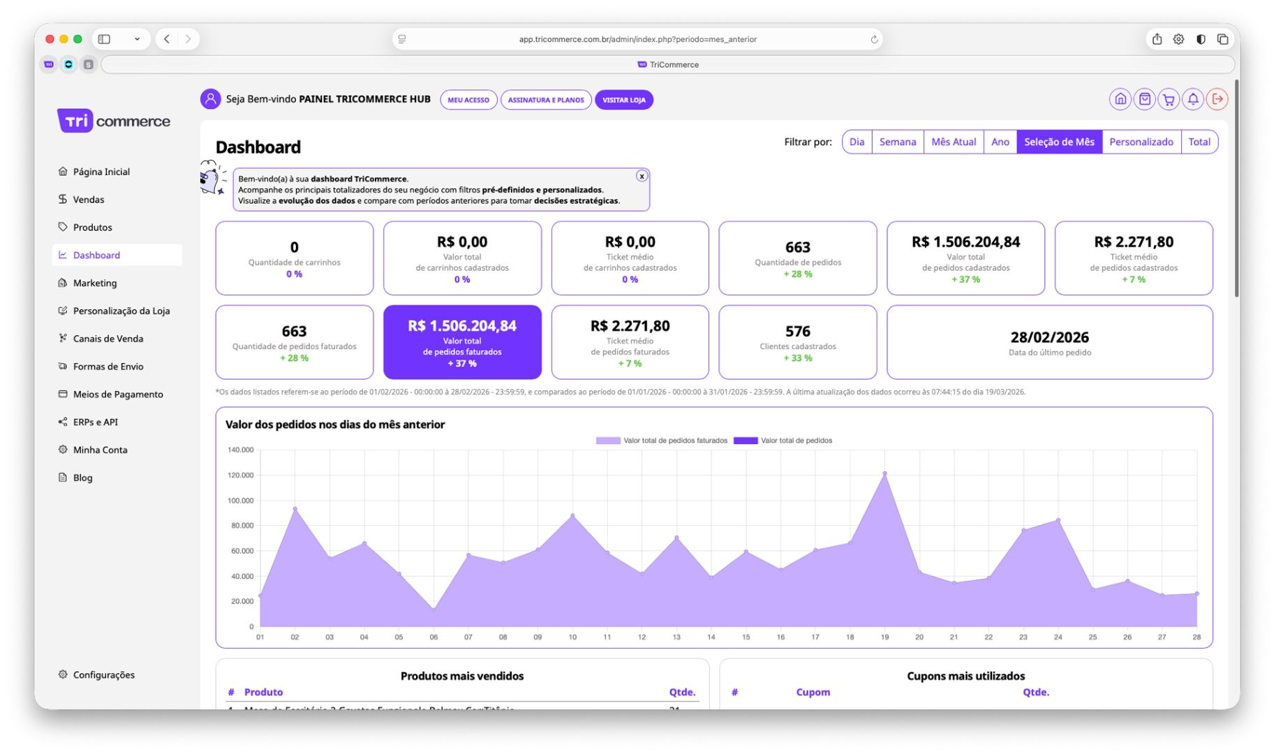 Dashboard de e-commerce B2C B2B com métricas de vendas e integração ERP - plataforma TriCommerce