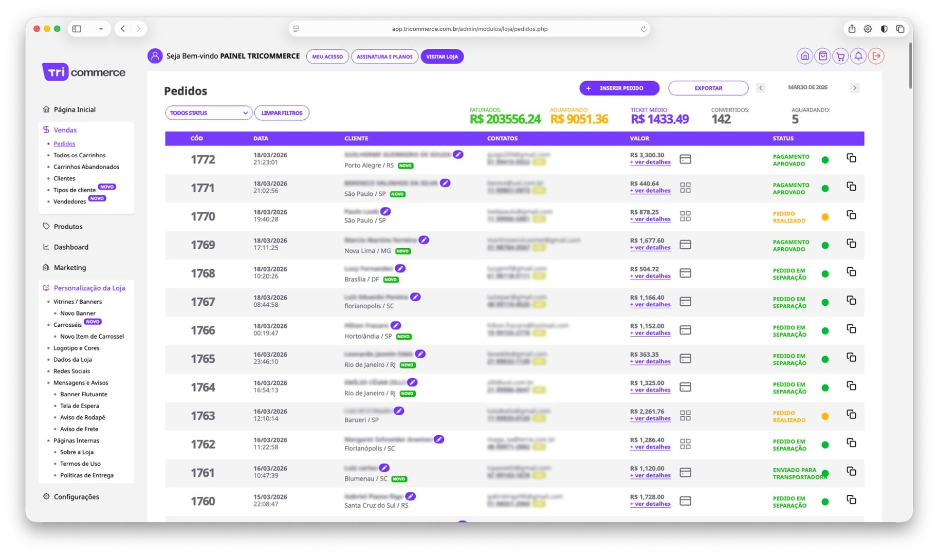 Gestão de pedidos online e-commerce com status de pagamento e faturamento - plataforma B2B TriCommerce